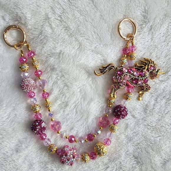 Pink and Gold Unicorn Beaded Purse Charm Bag Charm Chain - Picture 2 of 7
